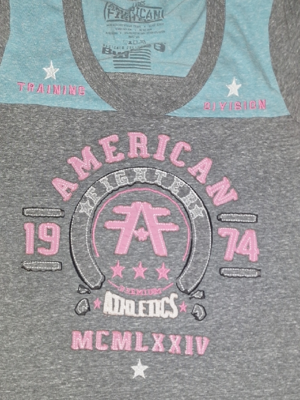 American Fighter Womans Gray Teal Short-Sleeve Graphic Tee with Pink Accents - Picture 4 of 4